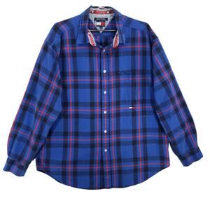 Vintage Tommy Jeans Shirt Mens Extra Large Blue Plaid Grunge Workwear Button Up
